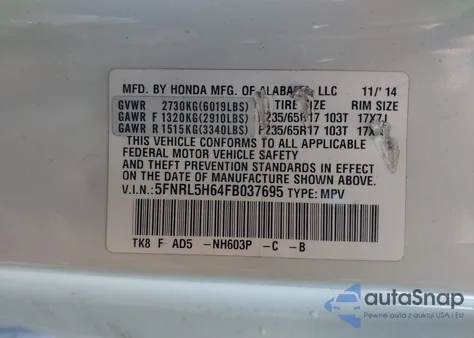 2015 Honda Odyssey Ex-L z USA, uszkodzony, nr VIN 5FNRL5H64FB037695